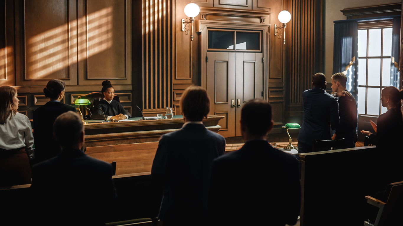 Court of Law and Justice Trial: Judge Ruling Out a Positive Decision in a Civil Family Case, Striking Gavel to End Hearing. Defendant Party is Happy, Barrister Cheering Client. Criminal Sexual Conduct Lawyer in Minneapolis, MN